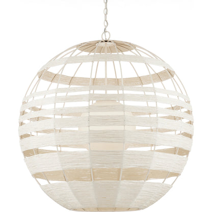 Lapsley Orb Chandelier by Currey and Company in vanilla, white. Made from wrought iron, kraft paper twine, frosted glass in a modern style.