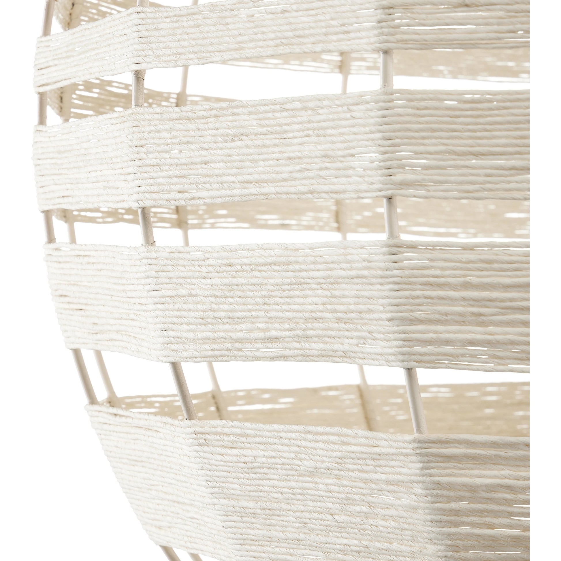 Lapsley Orb Chandelier by Currey and Company in vanilla, white. Made from wrought iron, kraft paper twine, frosted glass in a modern style.