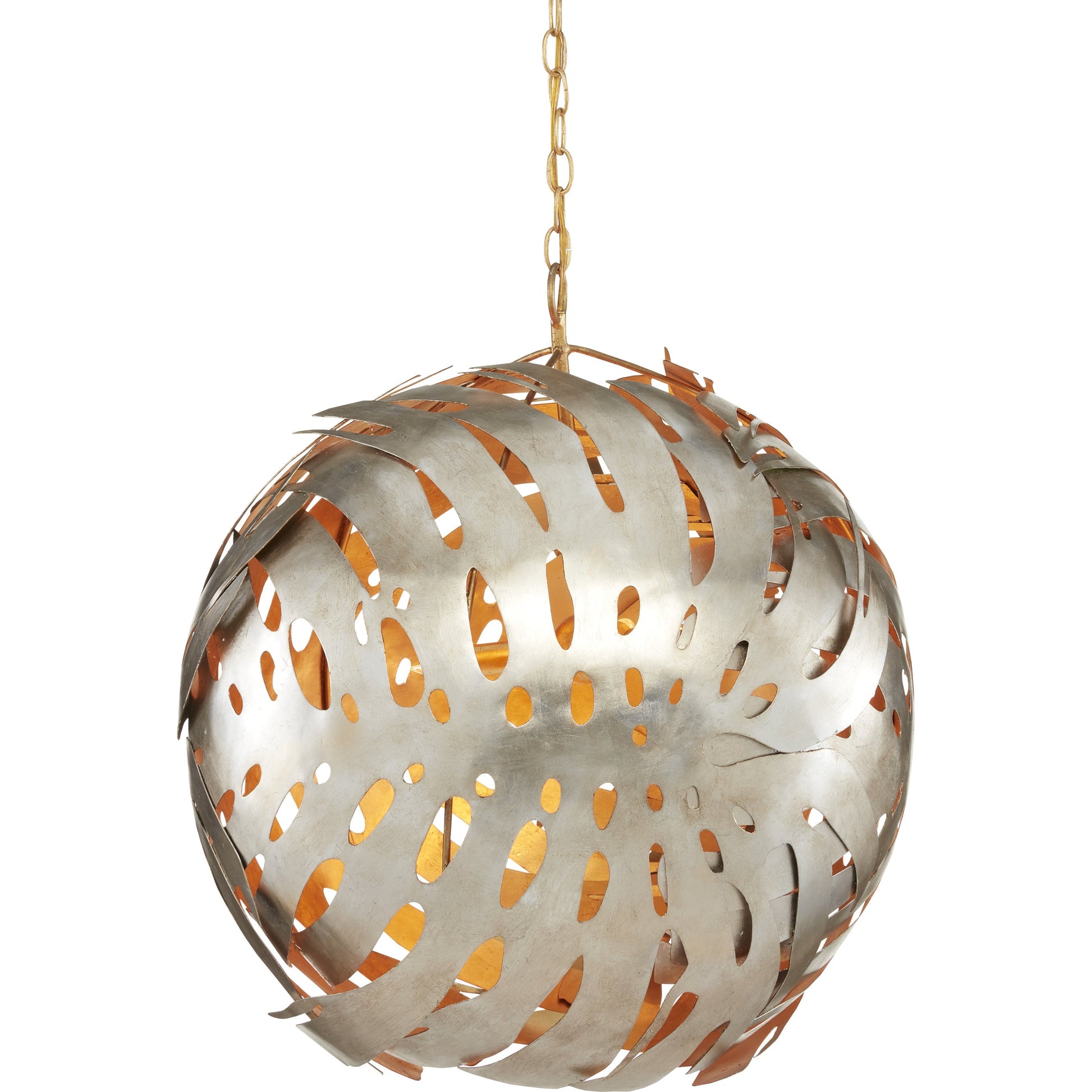 Elder Orb Chandelier by Currey and Company in contemporary silver leaf, contemporary gold leaf. Made from wrought iron in a eclectic & global style.