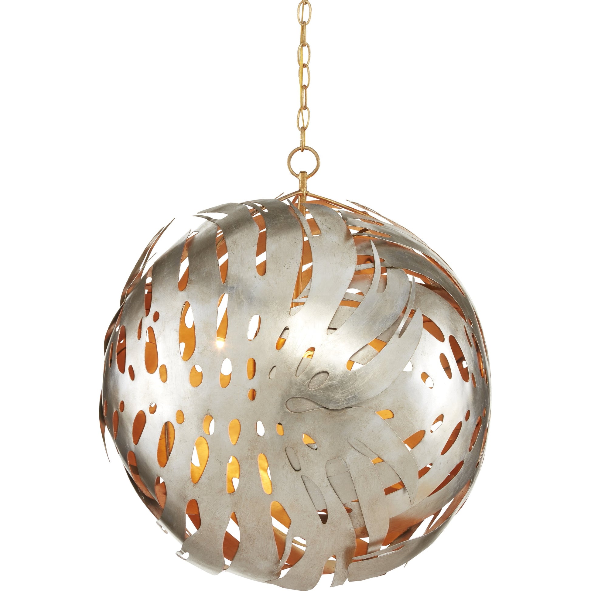 Elder Orb Chandelier by Currey and Company in contemporary silver leaf, contemporary gold leaf. Made from wrought iron in a eclectic & global style.