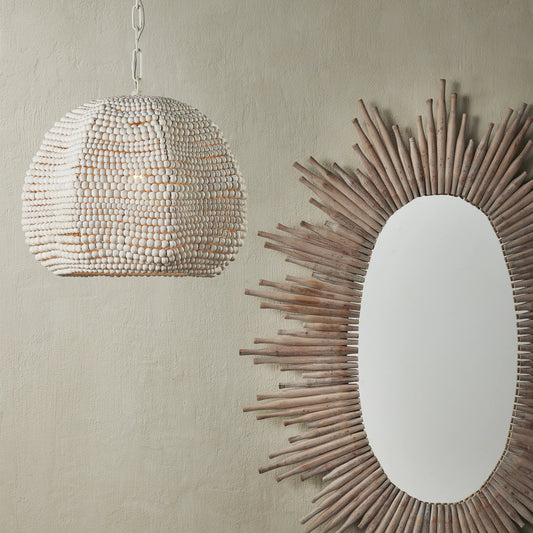 Octavia Pendant by Currey and Company in white, whitewash. Made from wrought iron, wood beads in a modern style.