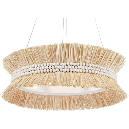 Seychelles Chandelier by Currey and Company in sugar white, natural raffia. Made from wrought iron, raffia, wood beads in a coastal style.