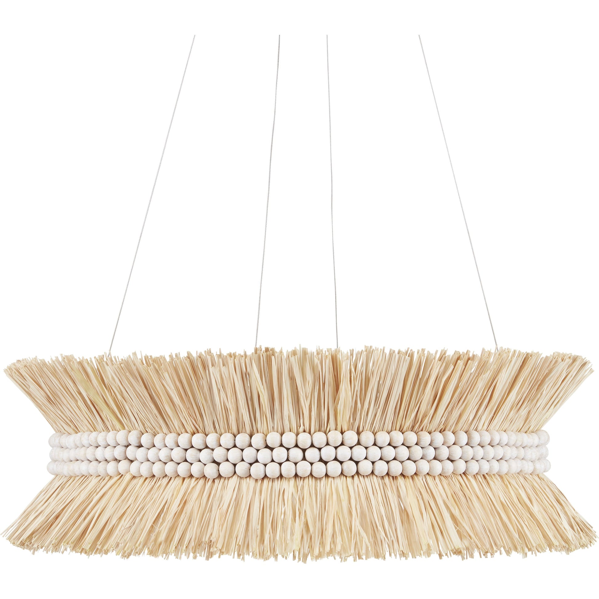 Seychelles Chandelier by Currey and Company in sugar white, natural raffia. Made from wrought iron, raffia, wood beads in a coastal style.