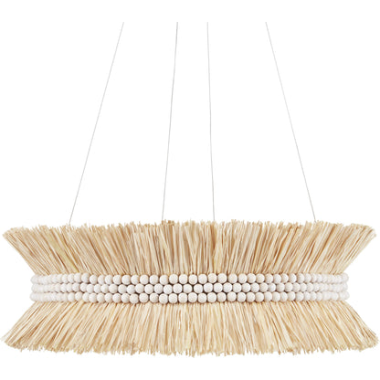 Seychelles Chandelier by Currey and Company in sugar white, natural raffia. Made from wrought iron, raffia, wood beads in a coastal style.