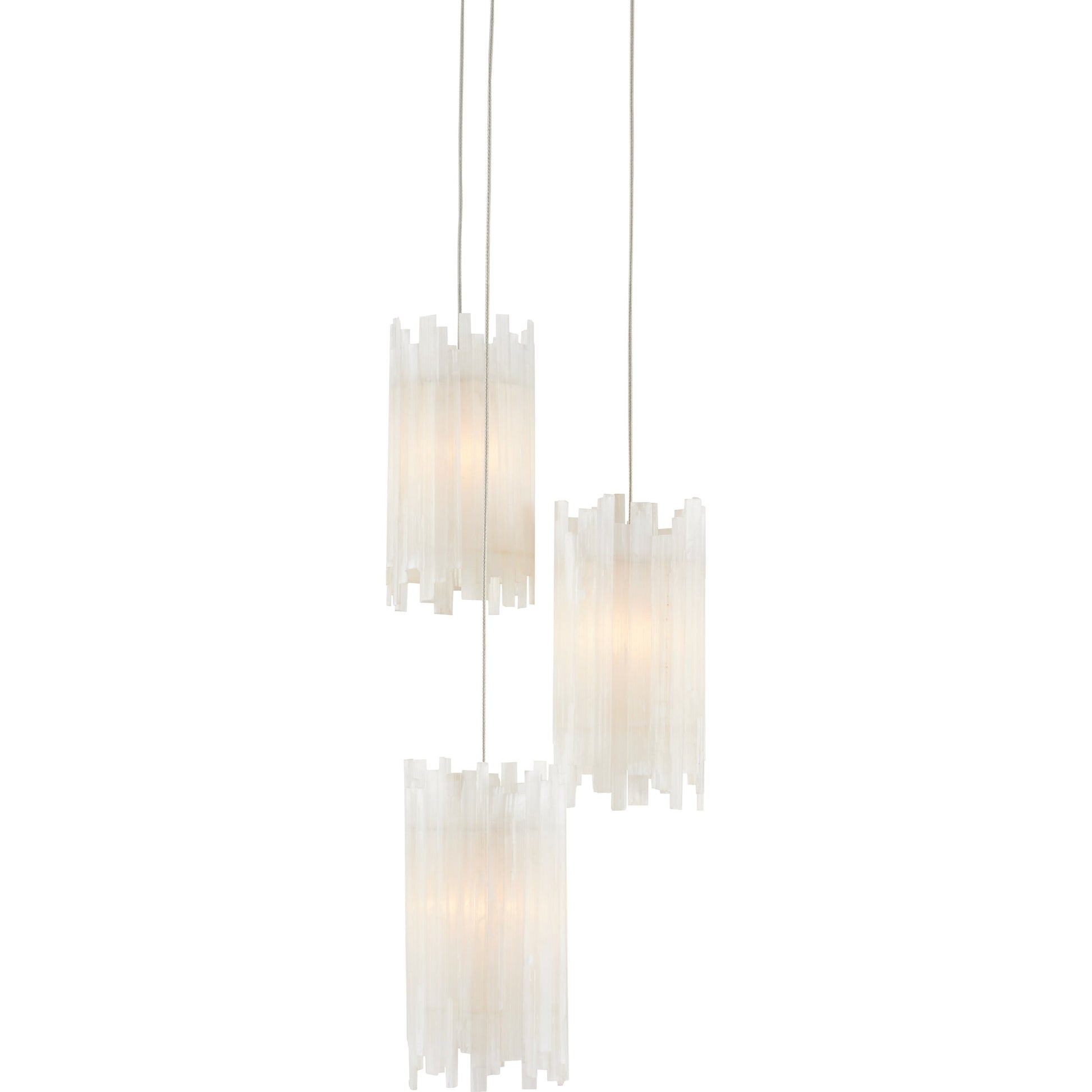 Escenia 3-Light Multi-Drop Pendant by Currey and Company in natural selenite, silver. Made from selenite, frosted glass in a transitional style.