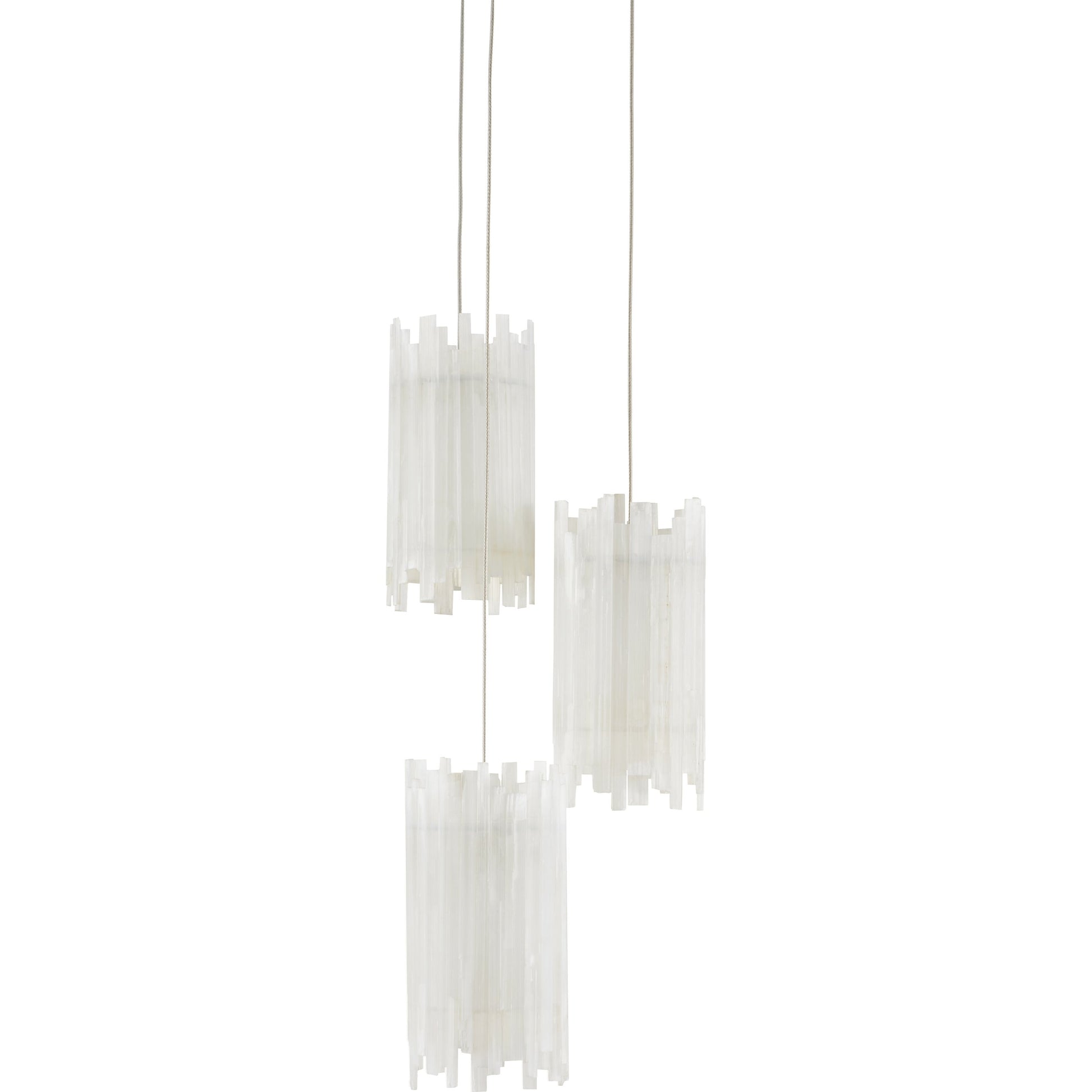 Escenia 3-Light Multi-Drop Pendant by Currey and Company in natural selenite, silver. Made from selenite, frosted glass in a transitional style.