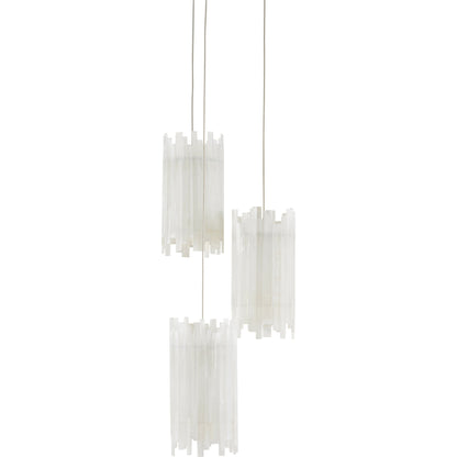 Escenia 3-Light Multi-Drop Pendant by Currey and Company in natural selenite, silver. Made from selenite, frosted glass in a transitional style.