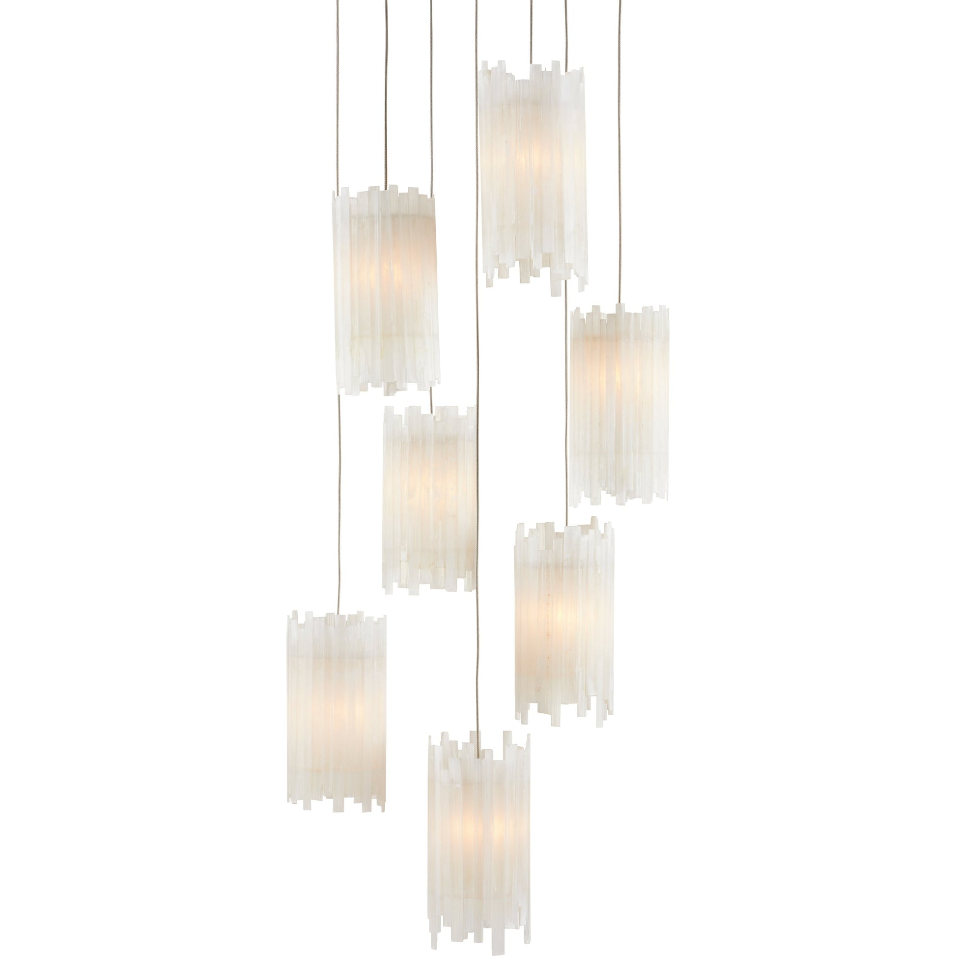 Escenia 7-Light Multi-Drop Pendant by Currey and Company in natural selenite, silver. Made from selenite, frosted glass in a transitional style.