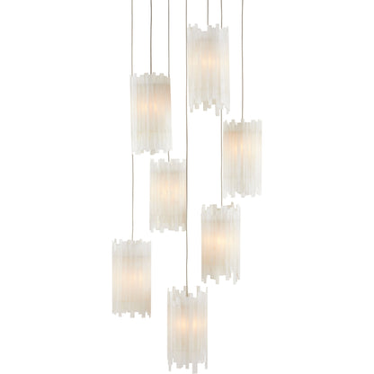 Escenia 7-Light Multi-Drop Pendant by Currey and Company in natural selenite, silver. Made from selenite, frosted glass in a transitional style.