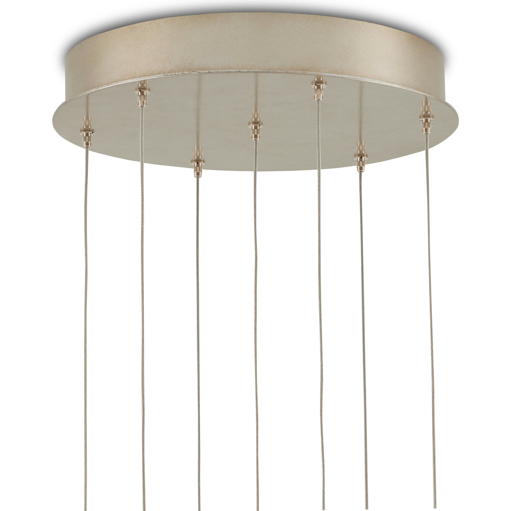Escenia 7-Light Multi-Drop Pendant by Currey and Company in natural selenite, silver. Made from selenite, frosted glass in a transitional style.