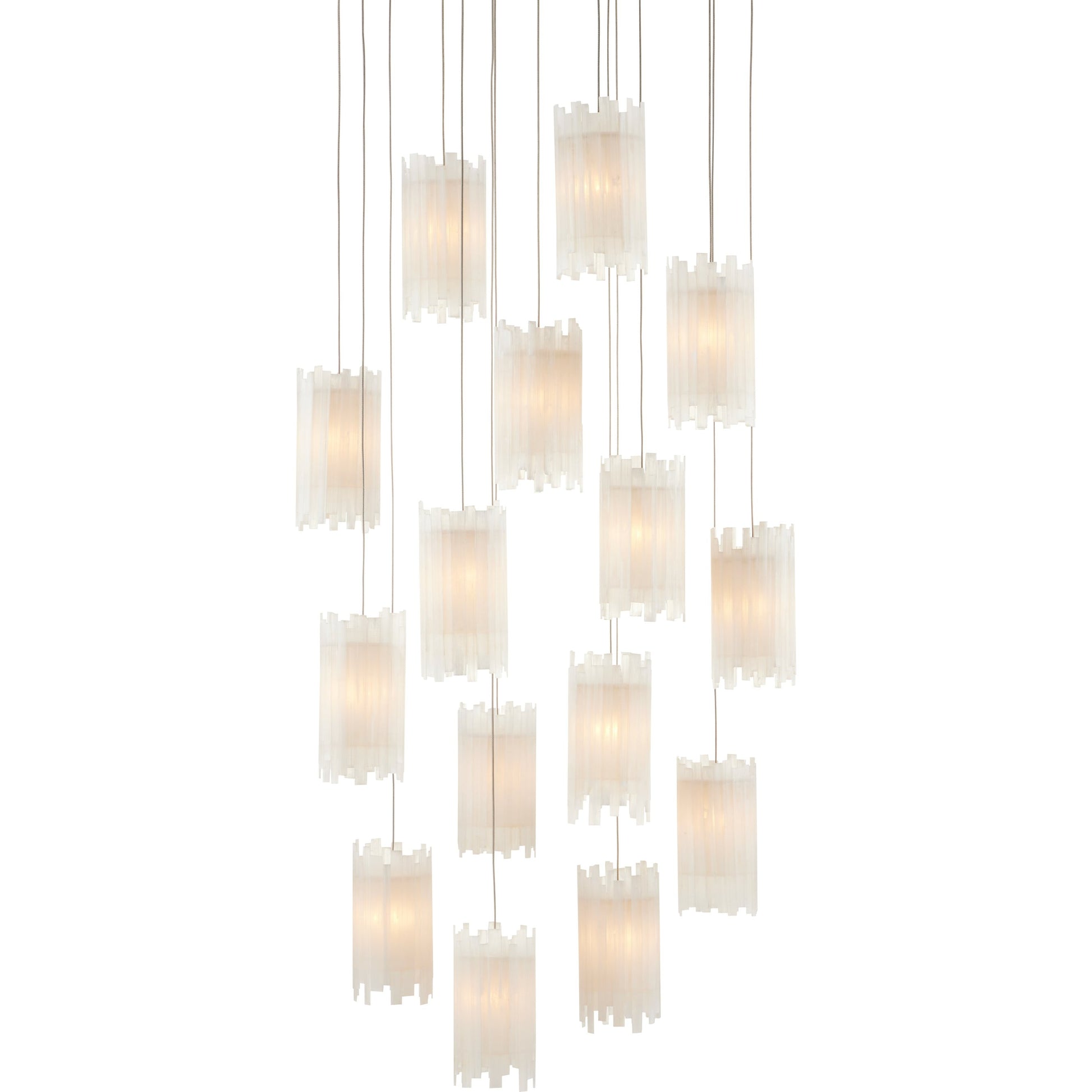 Escenia Round 15-Light Multi-Drop Pendant by Currey and Company in natural selenite, silver. Made from selenite, frosted glass in a transitional style.