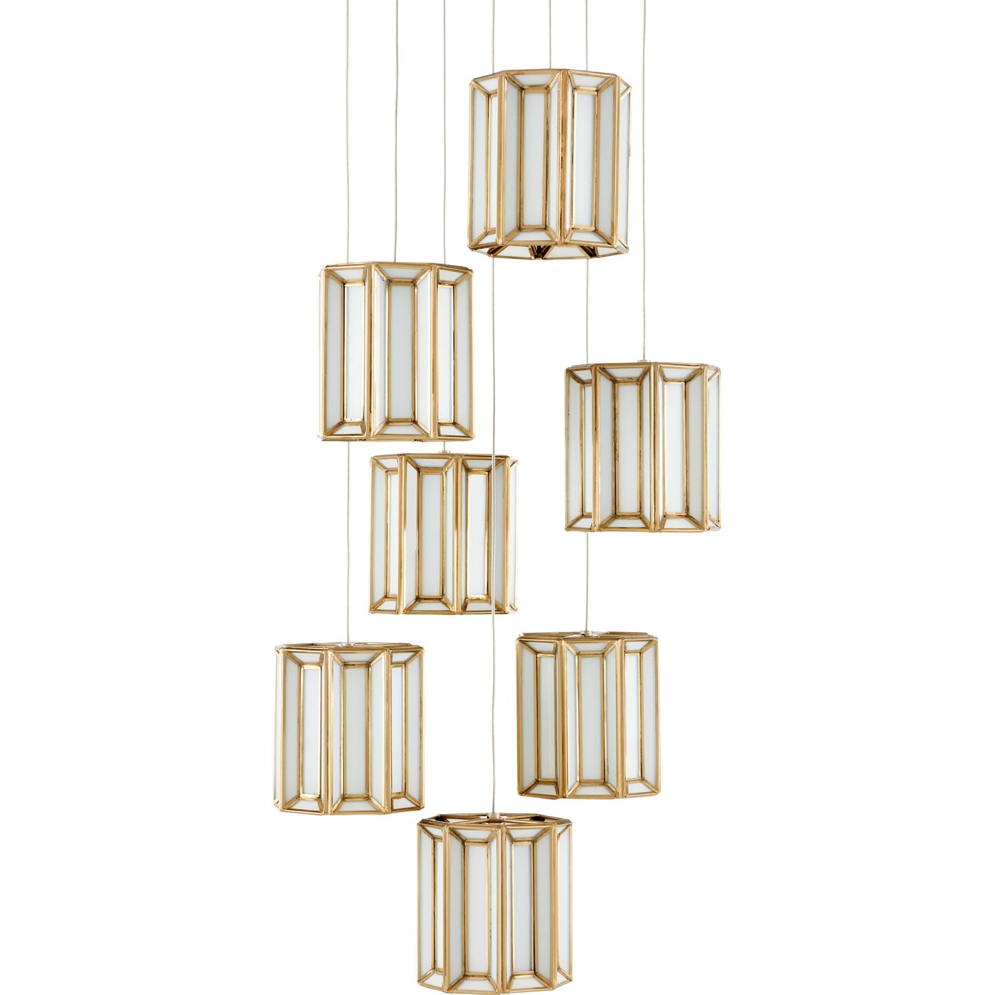 002 SI-1894268 | Additional Silo | Daze 7-LIGHT Multi-Drop Pendant by Currey and Company in antique brass, white, painted silver. Made from frosted glass in a modern style.