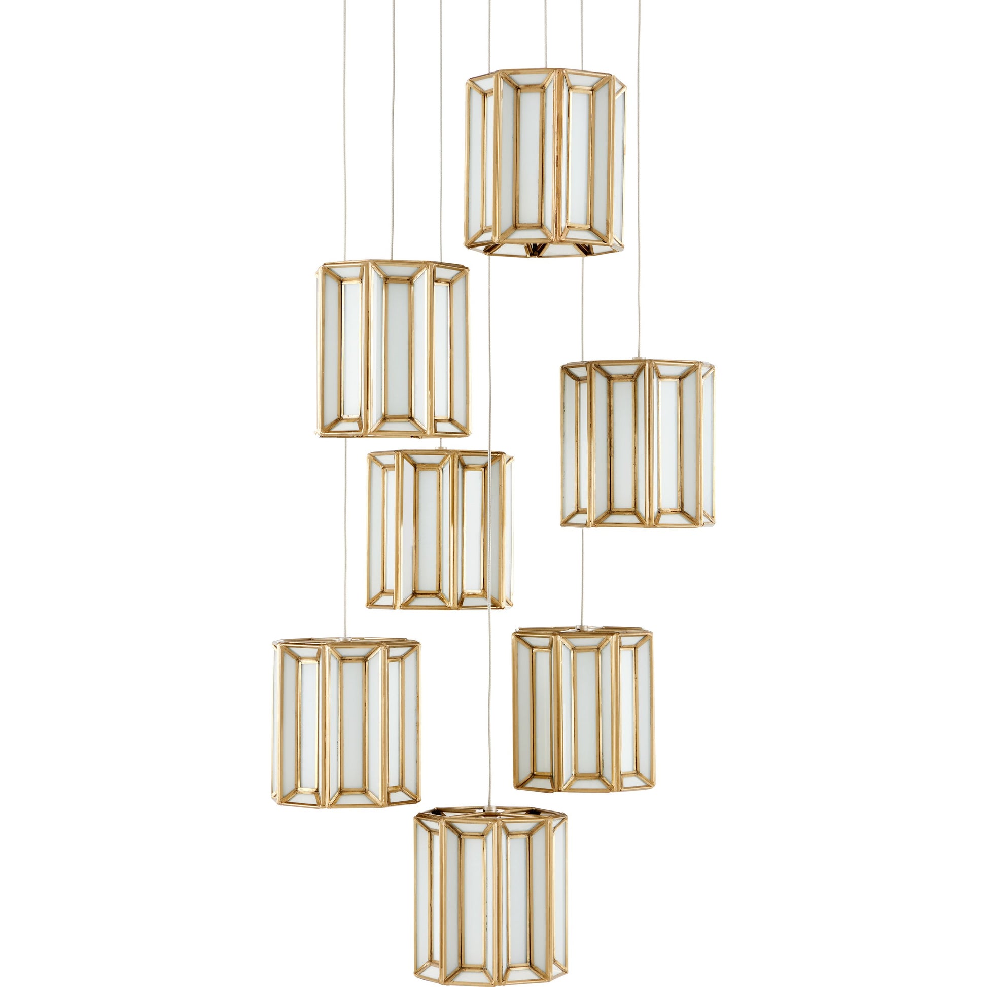 Daze 7-LIGHT Multi-Drop Pendant by Currey and Company in antique brass, white, painted silver. Made from frosted glass in a modern style.