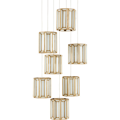 Daze 7-LIGHT Multi-Drop Pendant by Currey and Company in antique brass, white, painted silver. Made from frosted glass in a modern style.