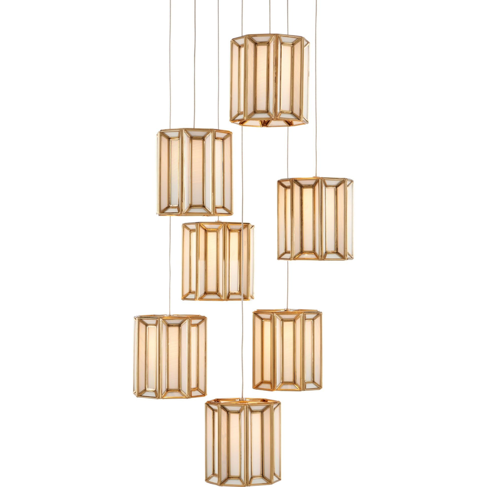 Daze 7-LIGHT Multi-Drop Pendant by Currey and Company in antique brass, white, painted silver. Made from frosted glass in a modern style.