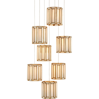 Daze 7-LIGHT Multi-Drop Pendant by Currey and Company in antique brass, white, painted silver. Made from frosted glass in a modern style.