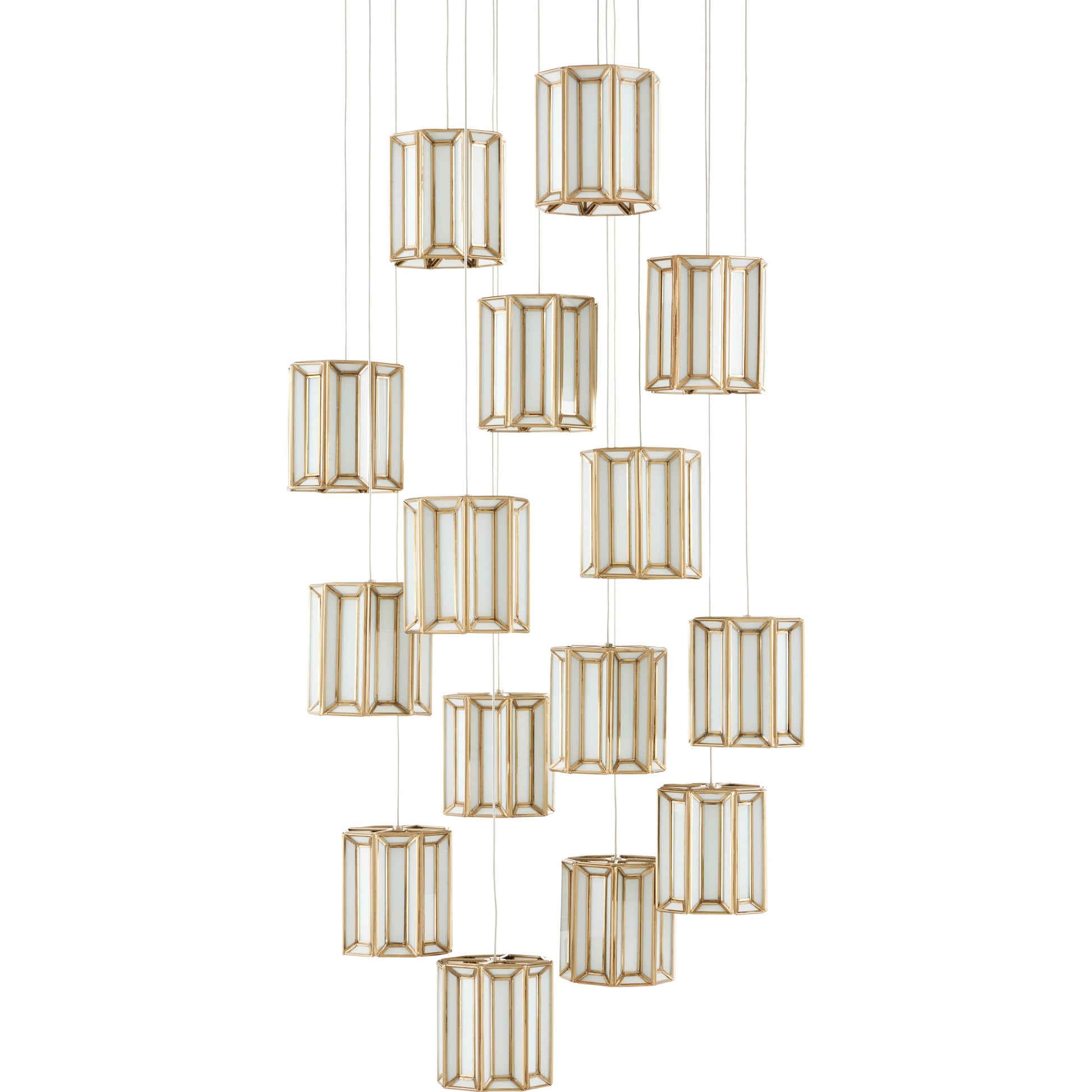 Daze Round 15-LIGHT Multi-Drop Pendant by Currey and Company in antique brass, white, painted silver. Made from frosted glass in a modern style.