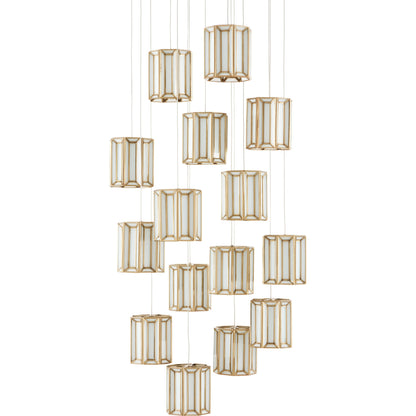 Daze Round 15-LIGHT Multi-Drop Pendant by Currey and Company in antique brass, white, painted silver. Made from frosted glass in a modern style.