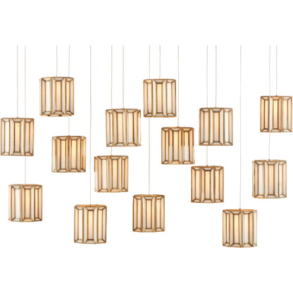 Daze Rectangular 15-LIGHT Multi-Drop Pendant by Currey and Company in antique brass, white, painted silver. Made from frosted glass in a modern style.
