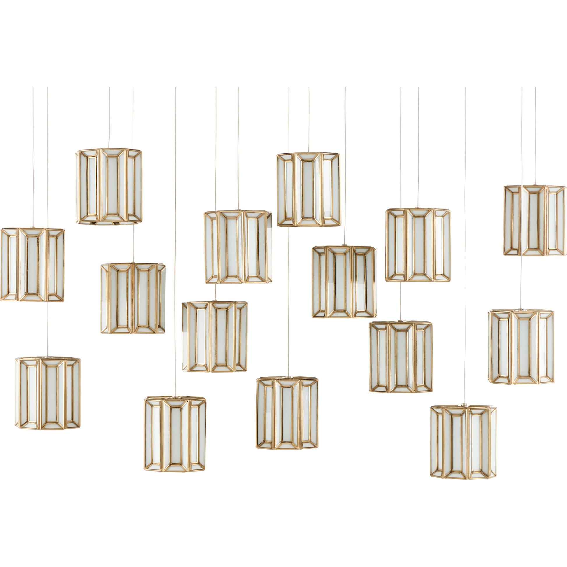 Daze Rectangular 15-LIGHT Multi-Drop Pendant by Currey and Company in antique brass, white, painted silver. Made from frosted glass in a modern style.