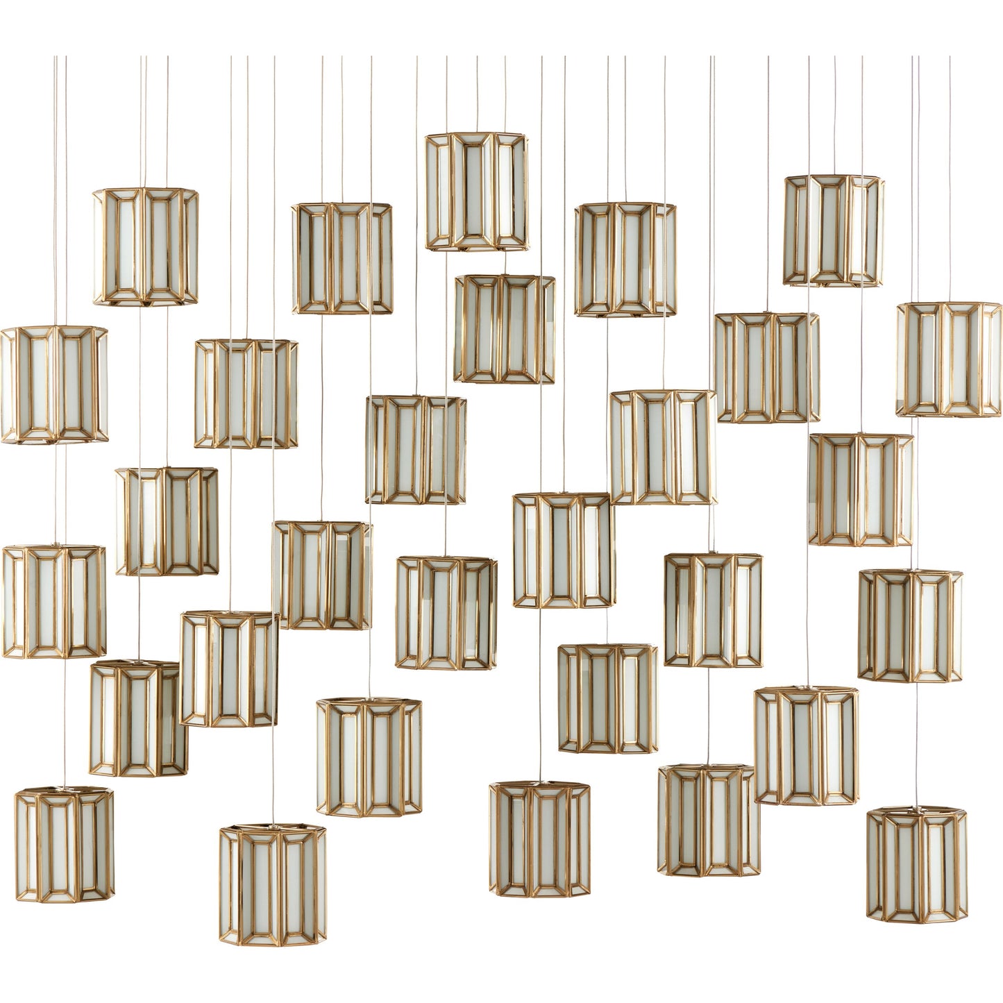 002 SI-1894266 | Additional Silo | Daze 30-LIGHT Multi-Drop Pendant by Currey and Company in antique brass, white, painted silver. Made from frosted glass in a modern style.