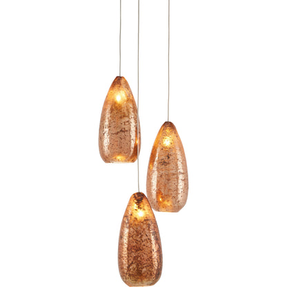 Rame 3-LIGHT Multi-Drop Pendant by Currey and Company in copper, silver. Made from antique copper, glass in a transitional style.