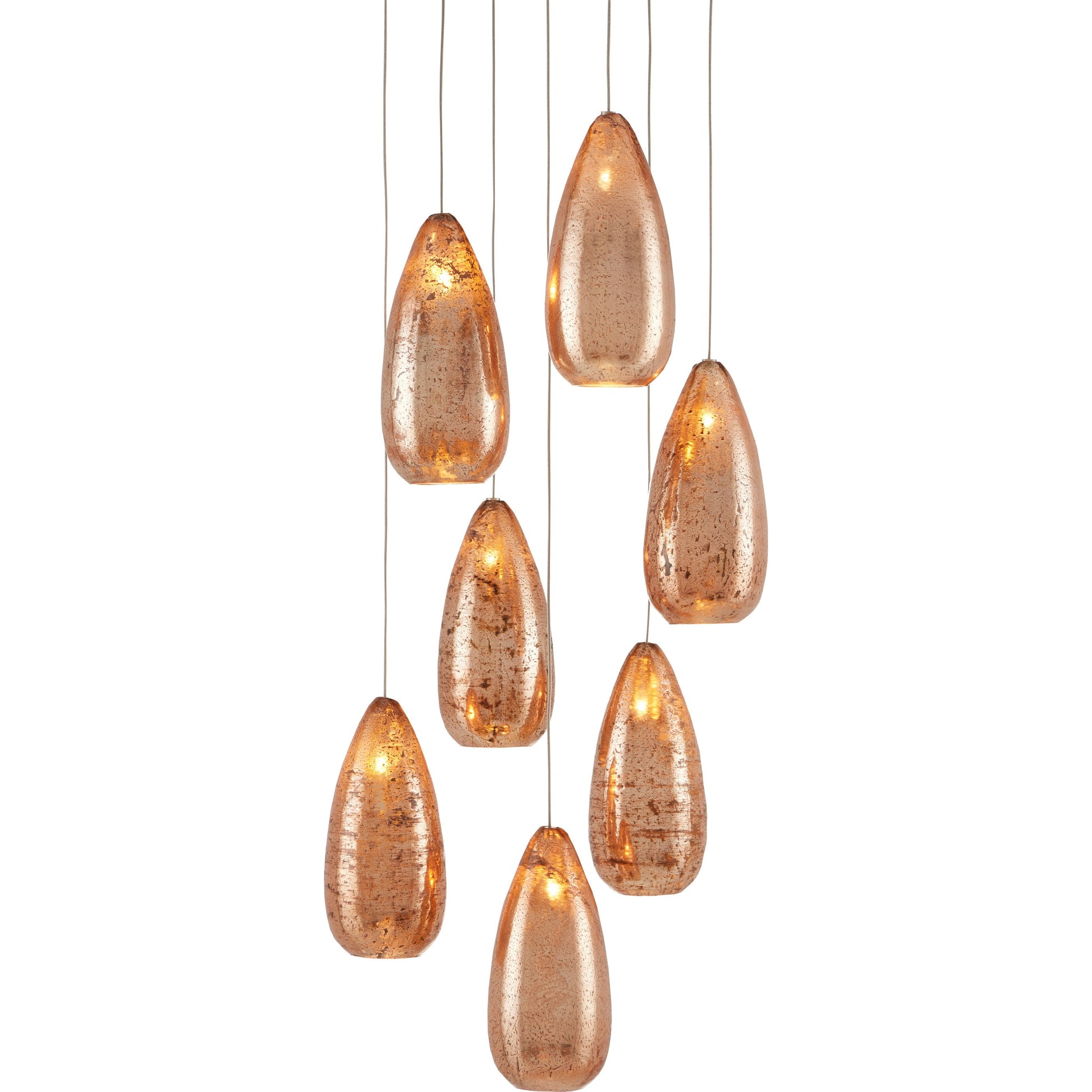 Rame 7-LIGHT Multi-Drop Pendant by Currey and Company in copper, silver. Made from antique copper, glass in a transitional style.