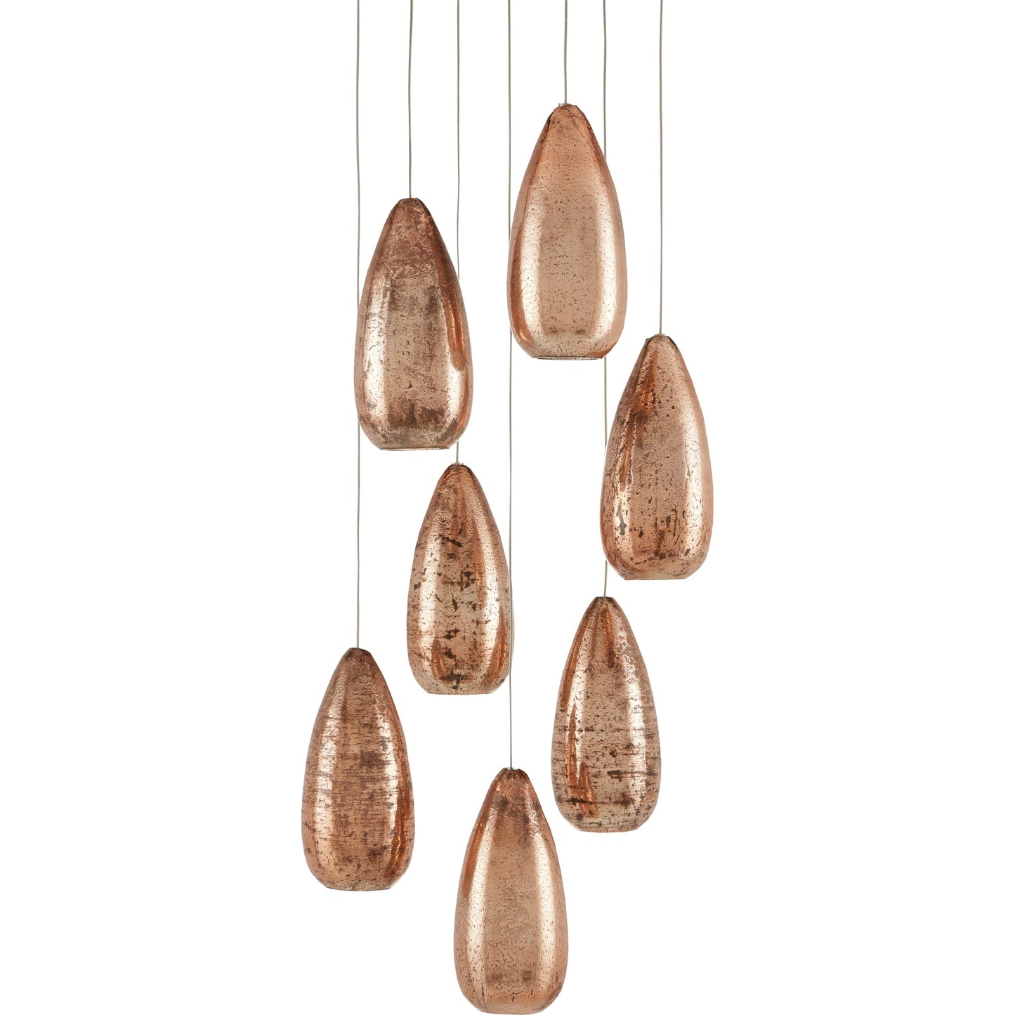 002 SI-1894502 | Additional Silo | Rame 7-LIGHT Multi-Drop Pendant by Currey and Company in copper, silver. Made from antique copper, glass in a transitional style.