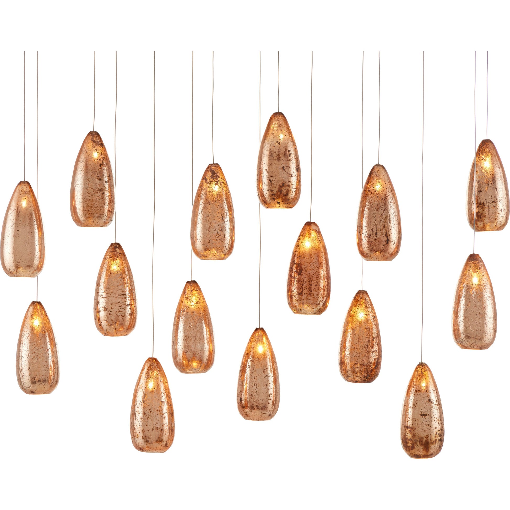 Rame Rectangular 15-LIGHT Multi-Drop Pendant by Currey and Company in copper, silver. Made from antique copper, glass in a transitional style.
