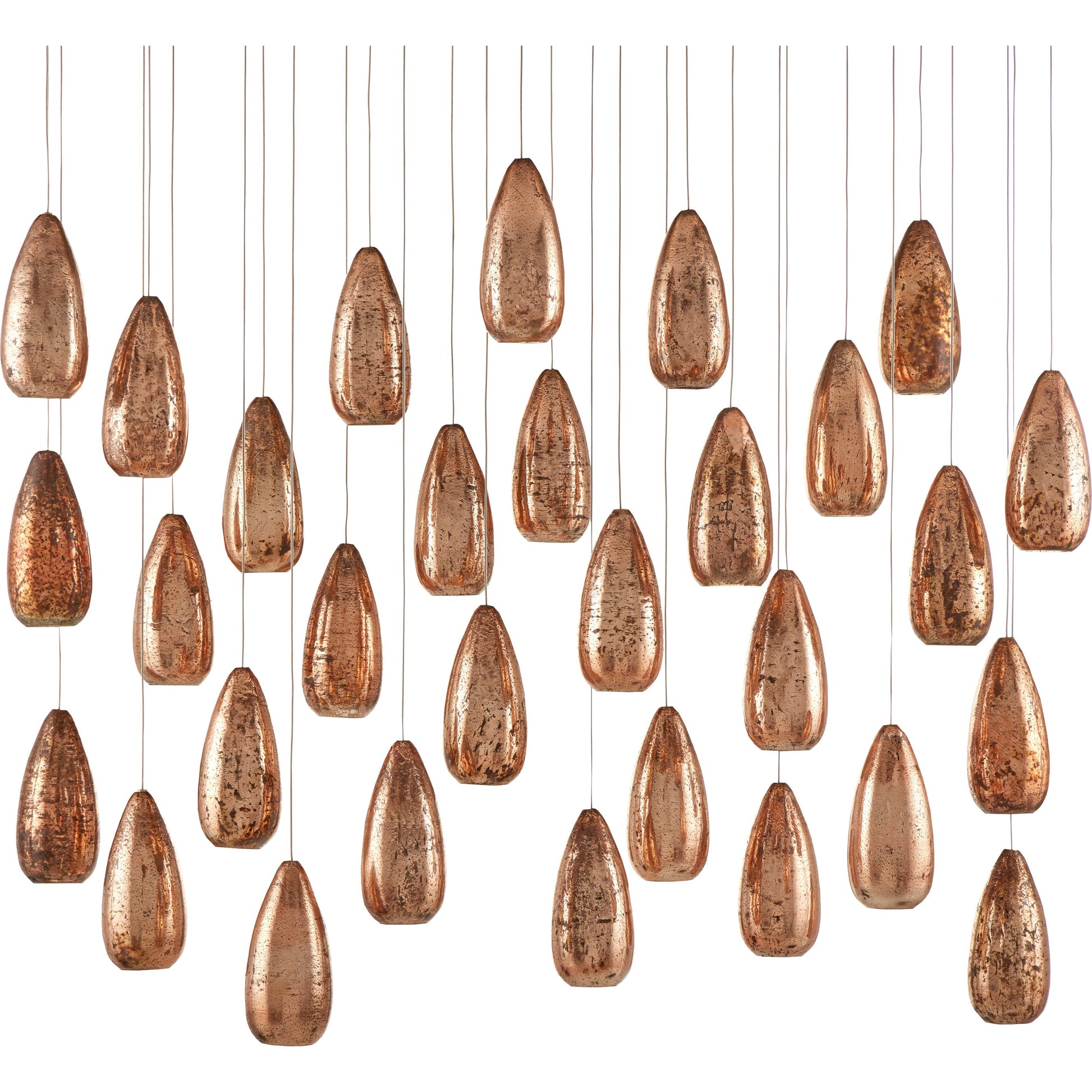 Rame 30-LIGHT Multi-Drop Pendant by Currey and Company in copper, silver. Made from antique copper, glass in a transitional style.