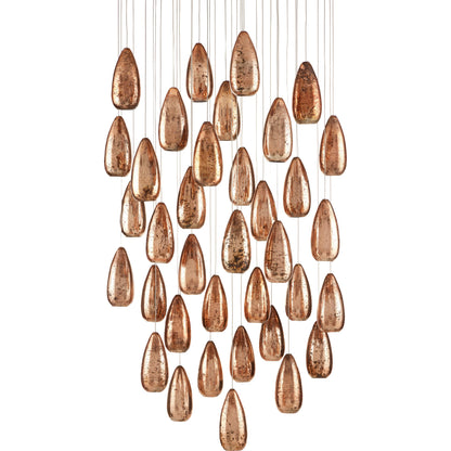 Rame 36-LIGHT Multi-Drop Pendant by Currey and Company in copper, silver. Made from antique copper, glass in a transitional style.