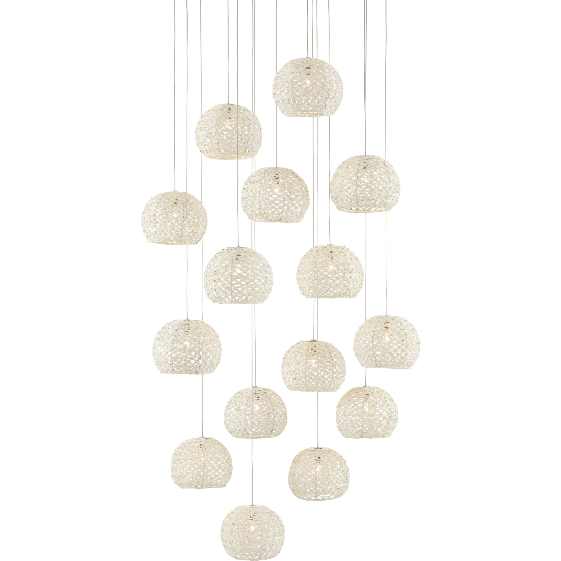 Piero Round 15-LIGHT Multi-Drop Pendant by Currey and Company in white, painted silver. Made from metal in a coastal style.