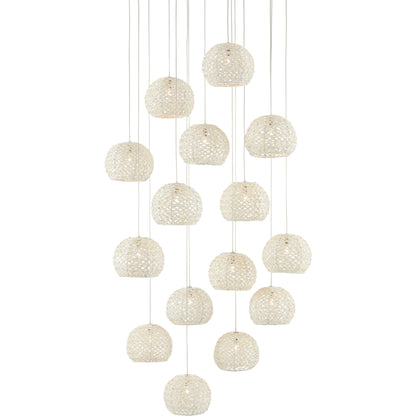 Piero Round 15-LIGHT Multi-Drop Pendant by Currey and Company in white, painted silver. Made from metal in a coastal style.