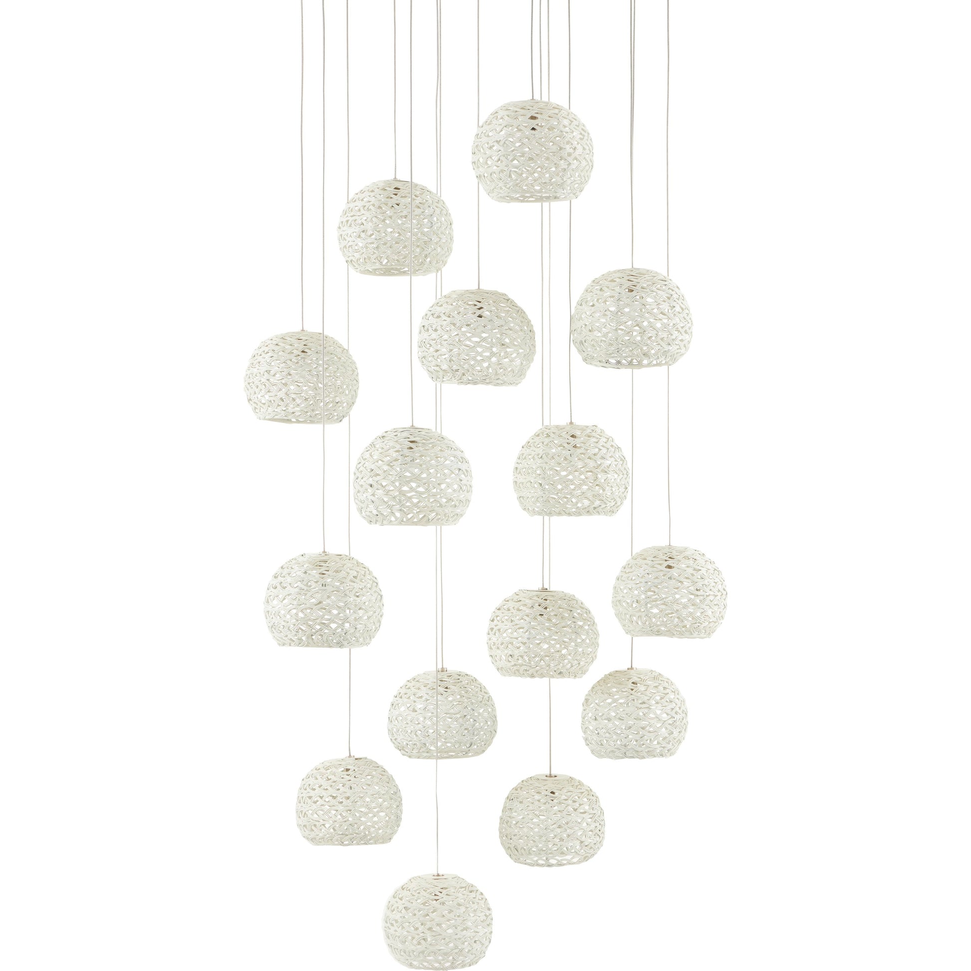 Piero Round 15-LIGHT Multi-Drop Pendant by Currey and Company in white, painted silver. Made from metal in a coastal style.