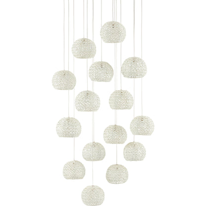 Piero Round 15-LIGHT Multi-Drop Pendant by Currey and Company in white, painted silver. Made from metal in a coastal style.