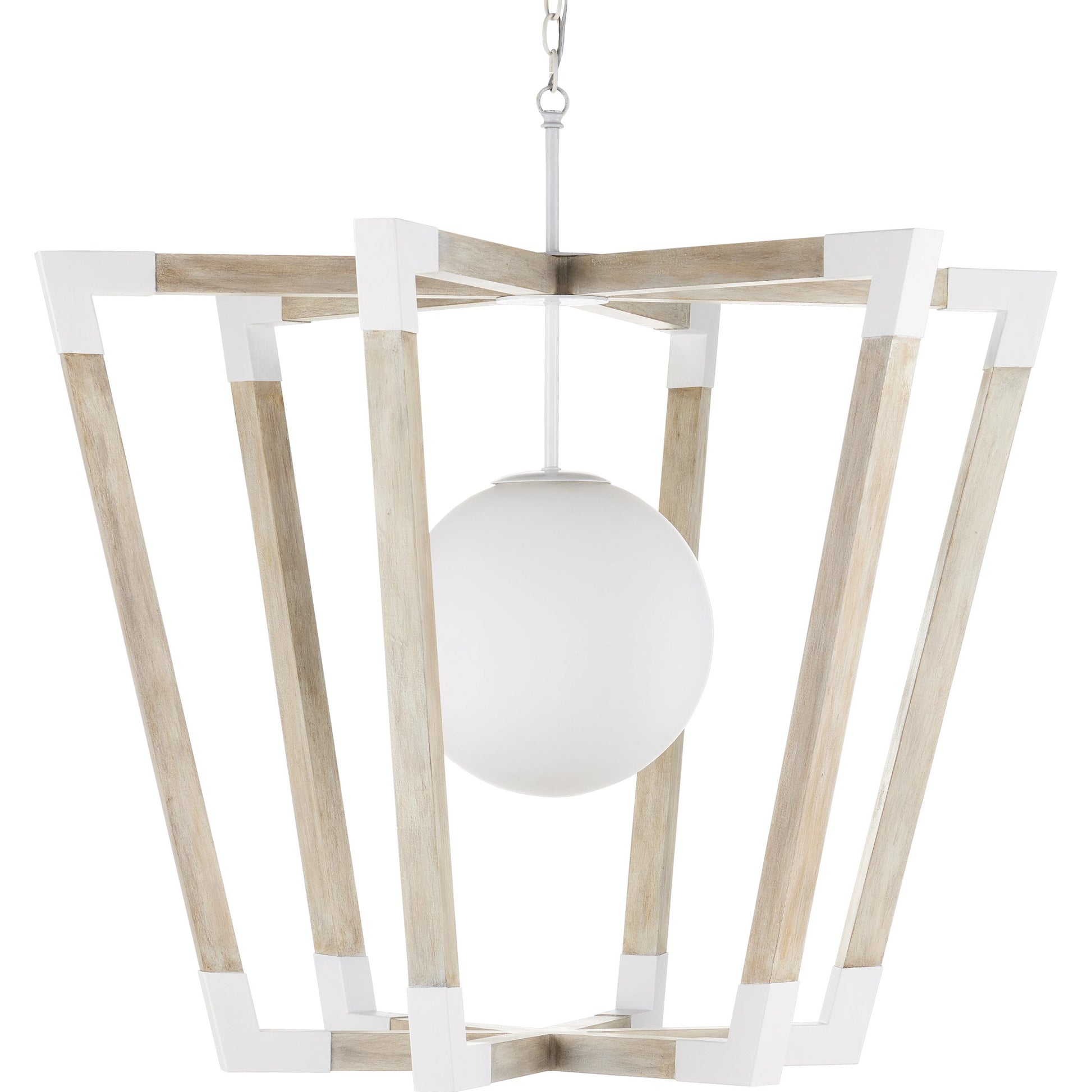 Bastian Globe Pendant by Currey and Company in sugar white, sandstone. Made from wrought iron, wood, frosted glass in a modern style.