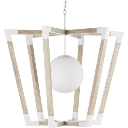 Bastian Globe Pendant by Currey and Company in sugar white, sandstone. Made from wrought iron, wood, frosted glass in a modern style.