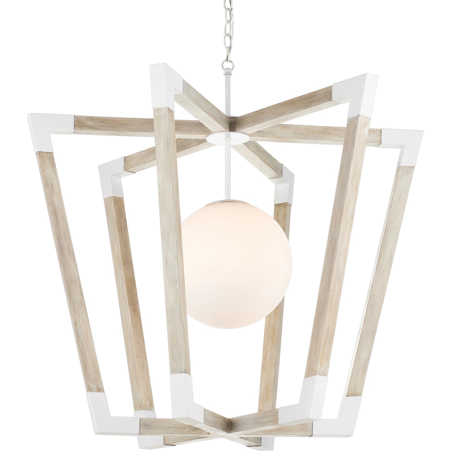003 SI-1923816 | Closeup | Bastian Globe Pendant by Currey and Company in sugar white, sandstone. Made from wrought iron, wood, frosted glass in a modern style.