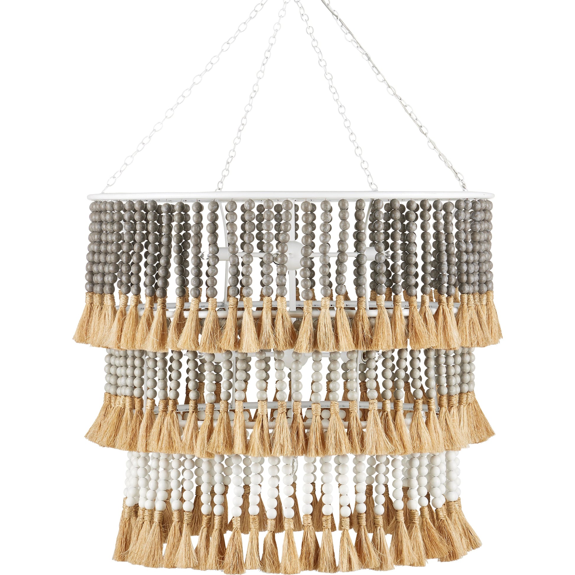 St. Barts Chandelier by Currey and Company in mist blue, demin blue. Made from wrought iron, wood beads, abaca rope in a coastal style.