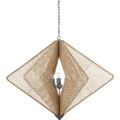 Shizen Chandelier by Currey and Company in natural rope, hiroshi gray. Made from abaca rope, wrought iron in a coastal style.