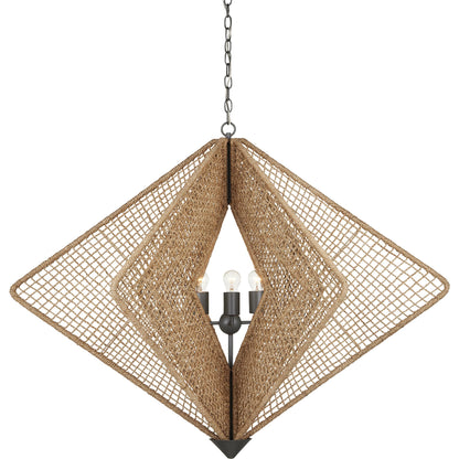 Shizen Chandelier by Currey and Company in natural rope, hiroshi gray. Made from abaca rope, wrought iron in a coastal style.