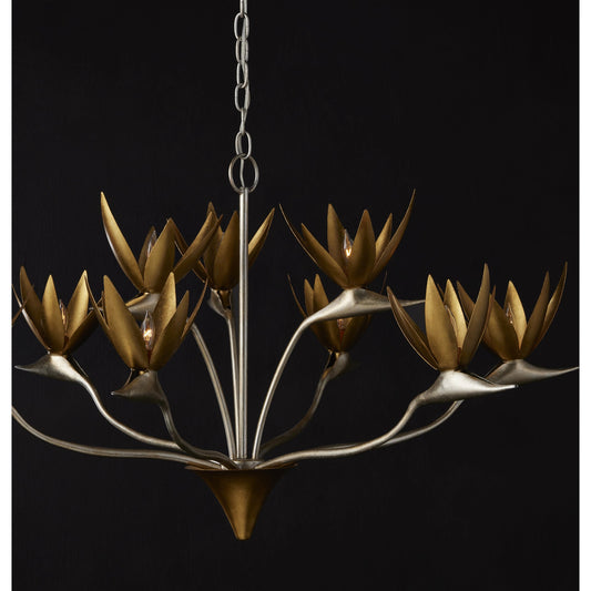 Paradiso Chandelier by Currey and Company in contemporary silver leaf, contemporary gold leaf. Made from wrought iron in a modern style.