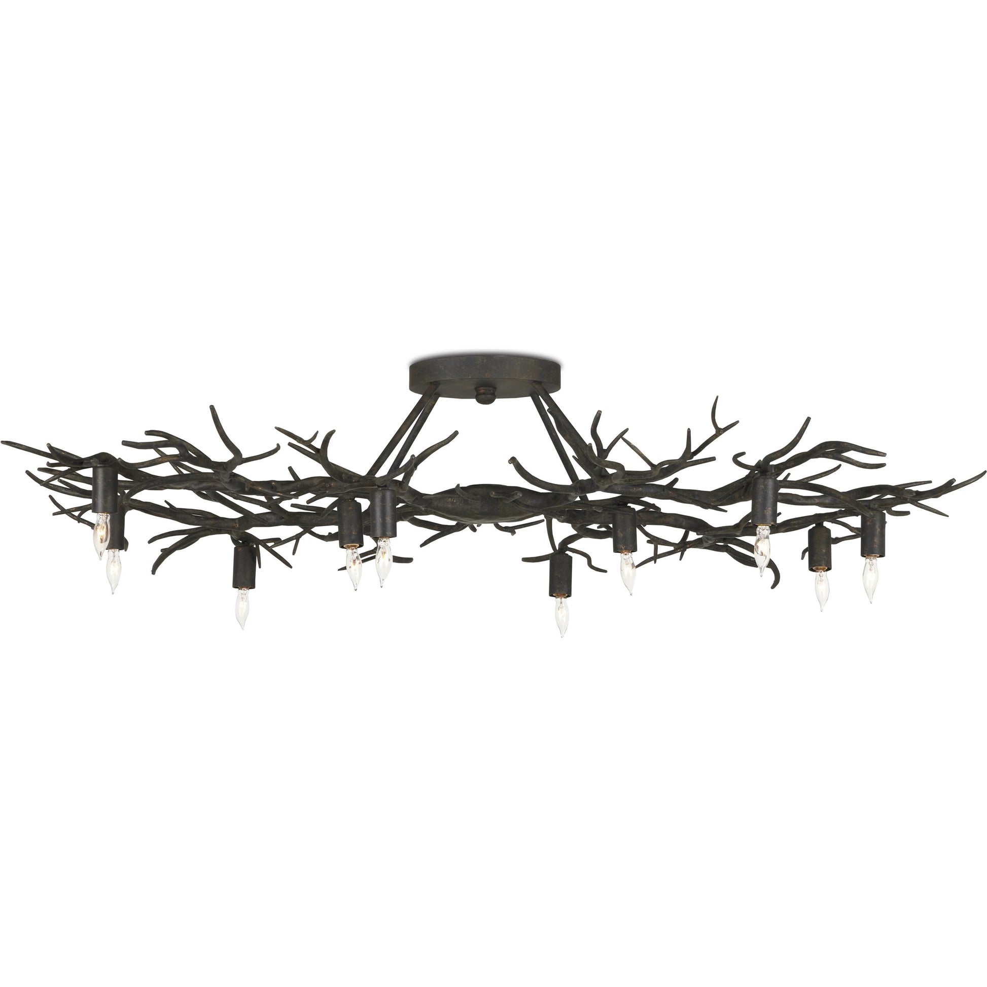 Rainforest Semi-Flush by Currey and Company in rustic bronze. Made from wrought iron in a modern style.