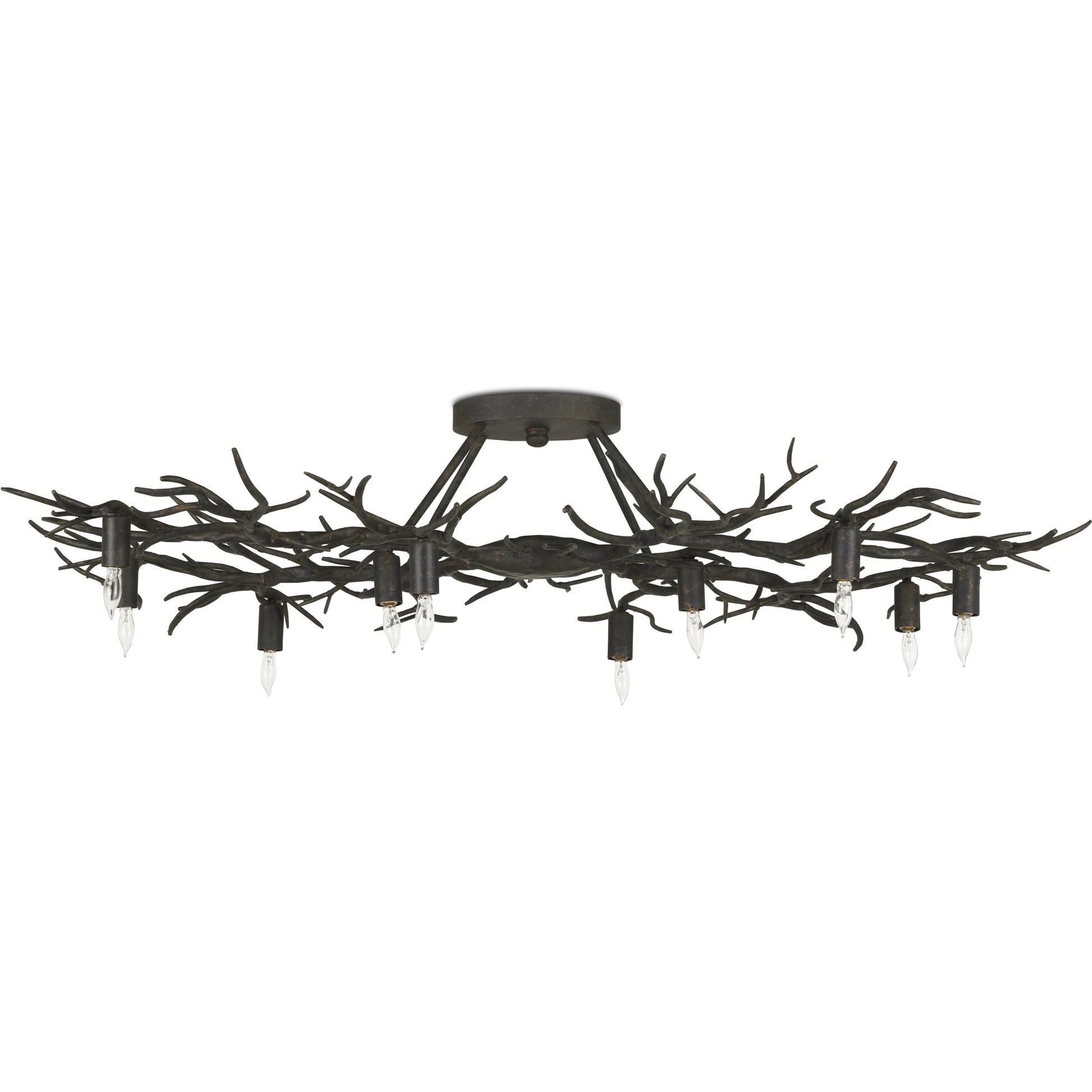 Rainforest Semi-Flush by Currey and Company in rustic bronze. Made from wrought iron in a modern style.