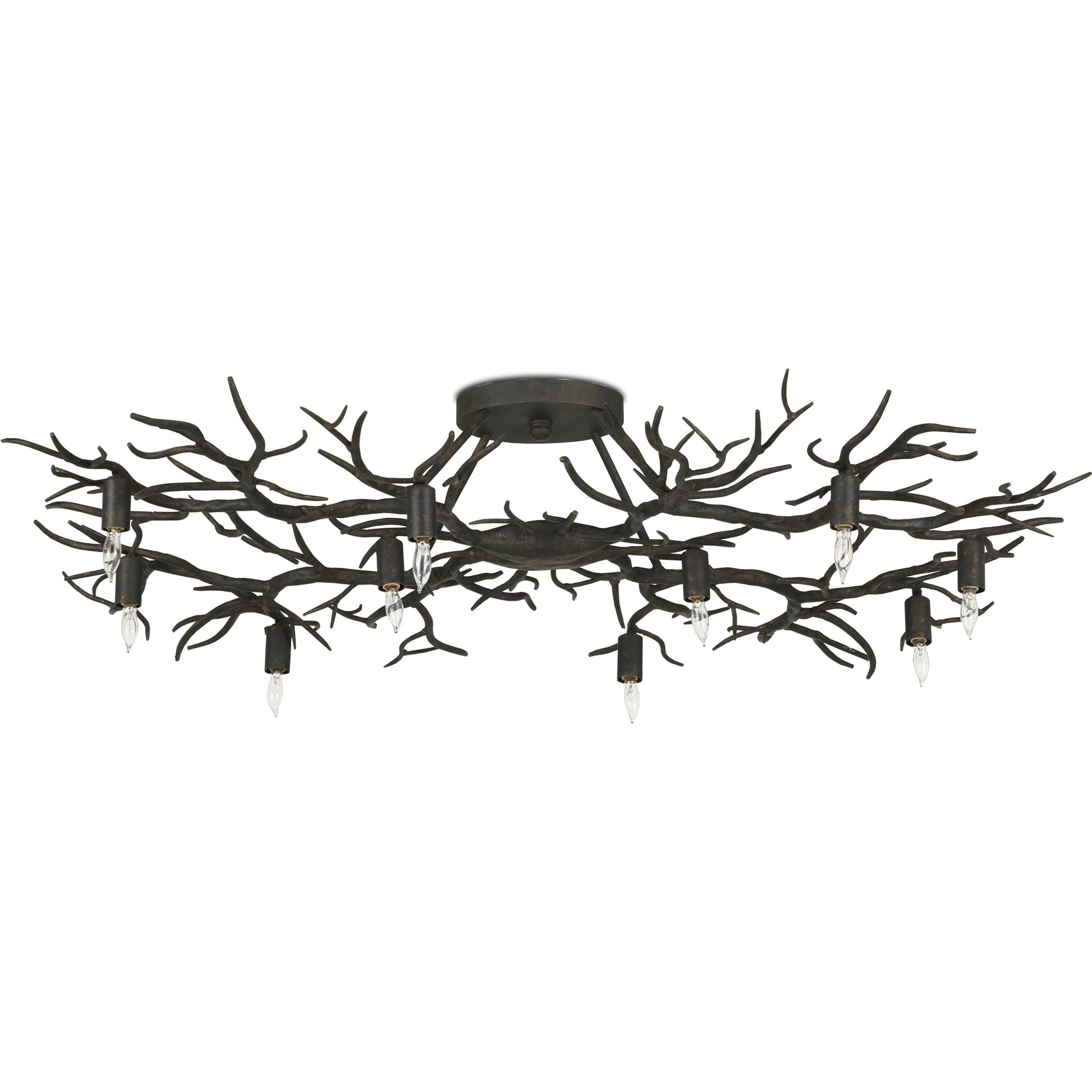 Rainforest Semi-Flush by Currey and Company in rustic bronze. Made from wrought iron in a modern style.