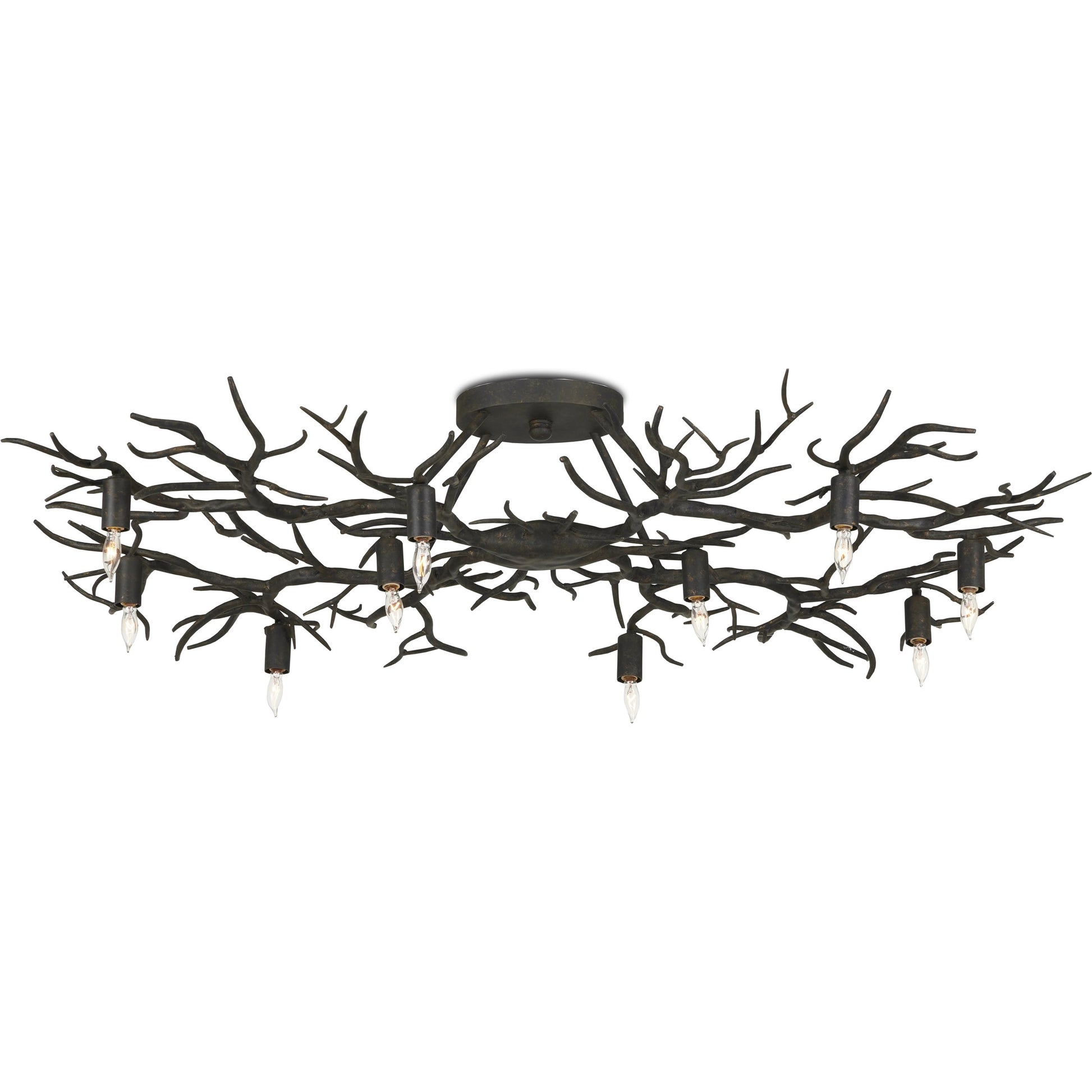 Rainforest Semi-Flush by Currey and Company in rustic bronze. Made from wrought iron in a modern style.