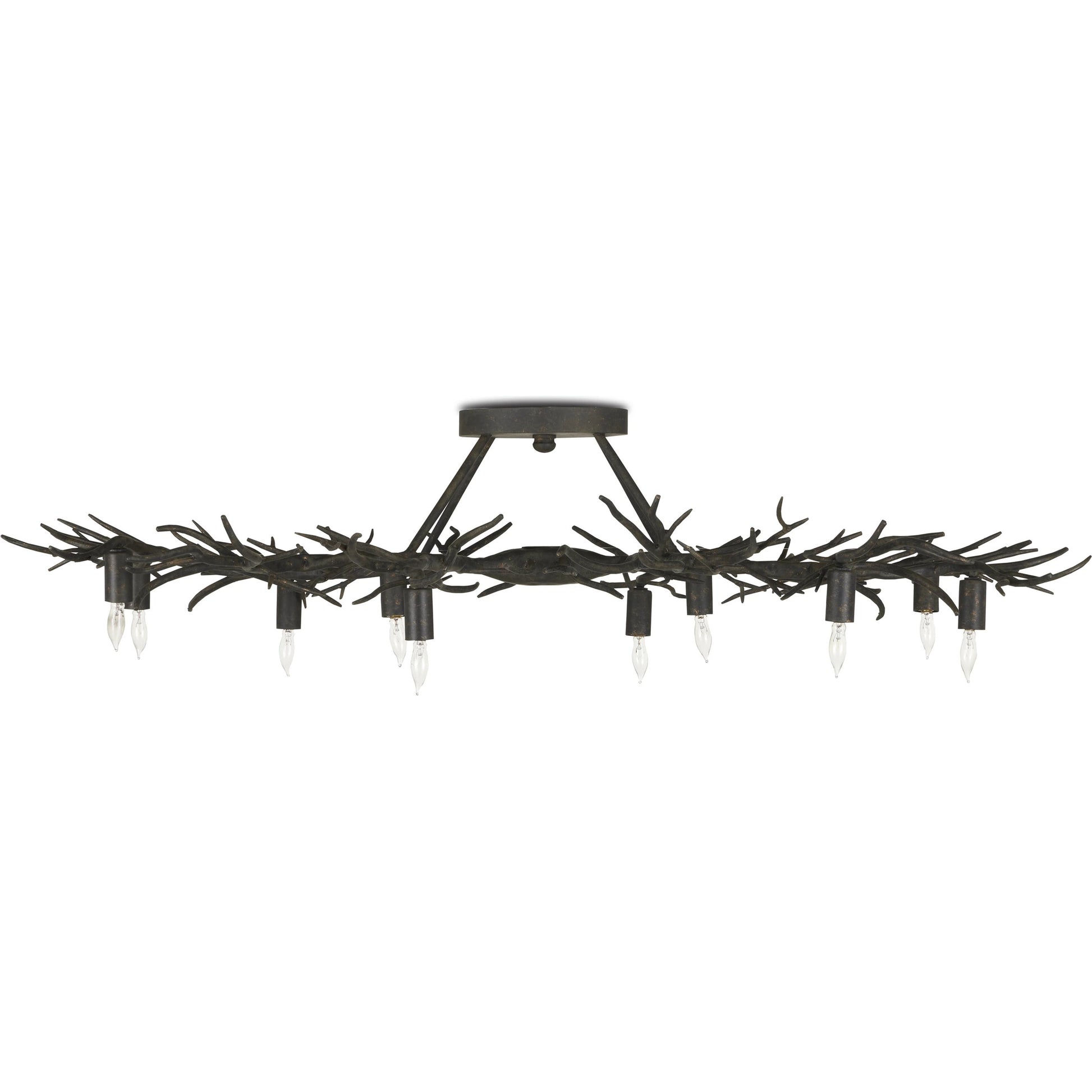 Rainforest Semi-Flush by Currey and Company in rustic bronze. Made from wrought iron in a modern style.