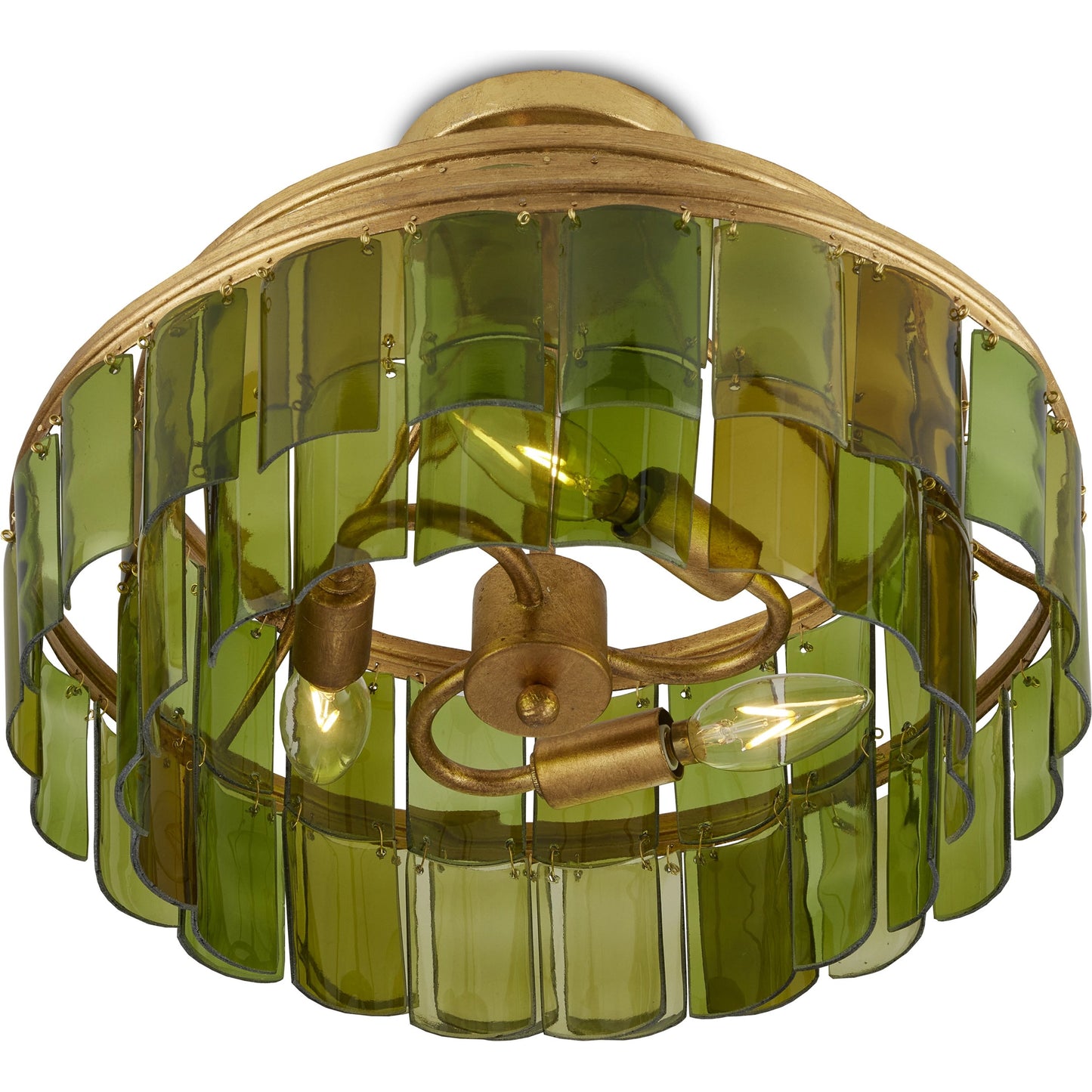 002 SI-1924234 | Additional Silo | Vintner Semi-Flush by Currey and Company in contemporary gold leaf, green. Made from wrought iron, recycled bottle glass in a modern style.