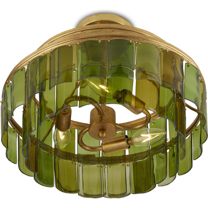 Vintner Semi-Flush by Currey and Company in contemporary gold leaf, green. Made from wrought iron, recycled bottle glass in a modern style.