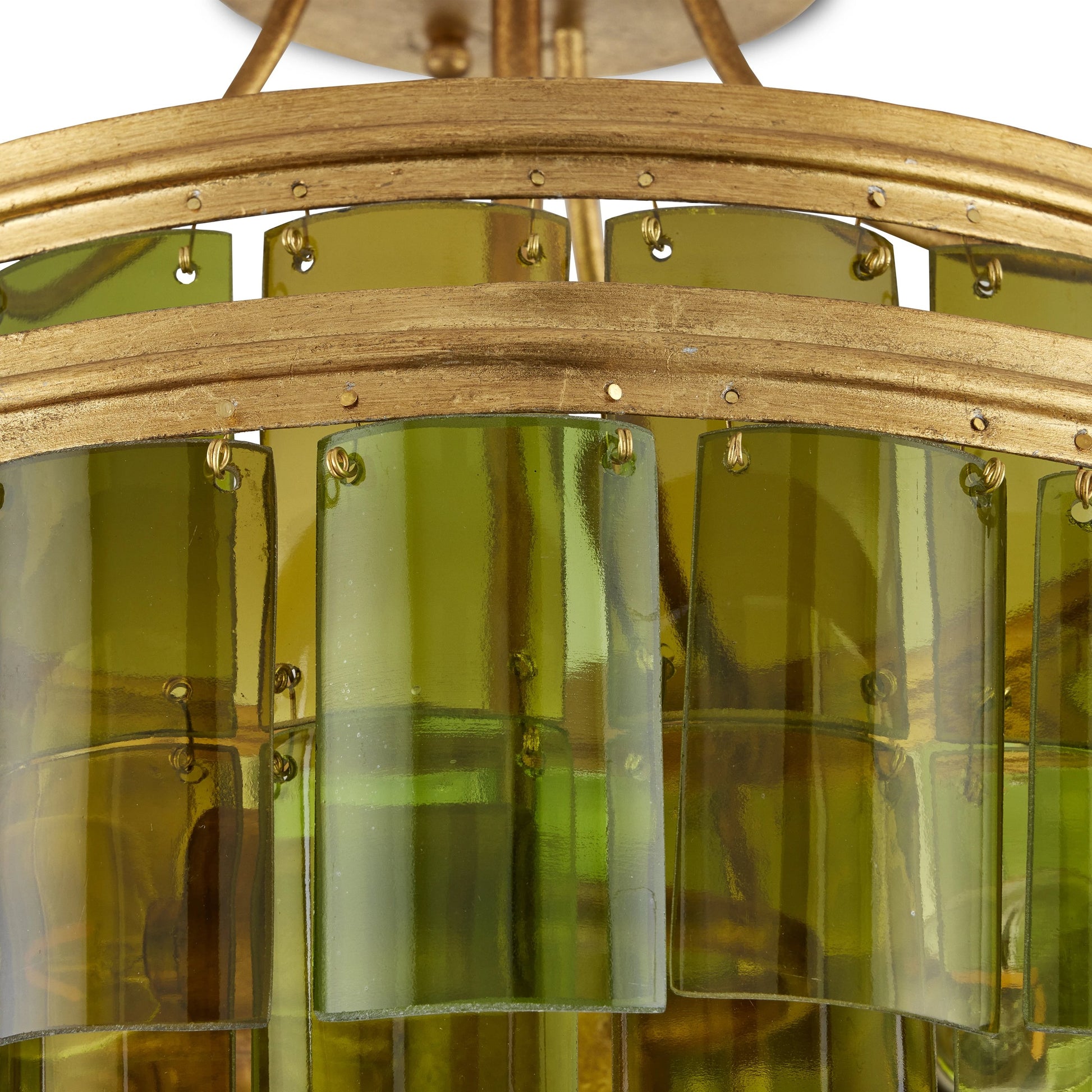 Vintner Semi-Flush by Currey and Company in contemporary gold leaf, green. Made from wrought iron, recycled bottle glass in a modern style.